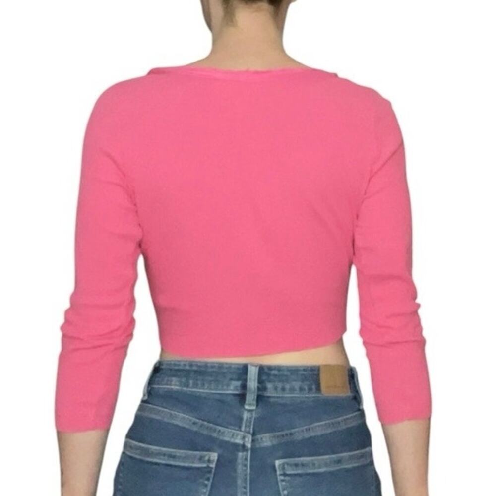 Vintage Pink Rhinestone Ribbed Cropped Ruffled V-Neck Top - Picture 4 of 7